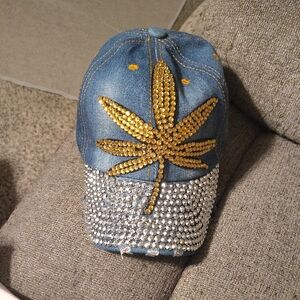 Embellished Denim Cap with Gold Leaf Design